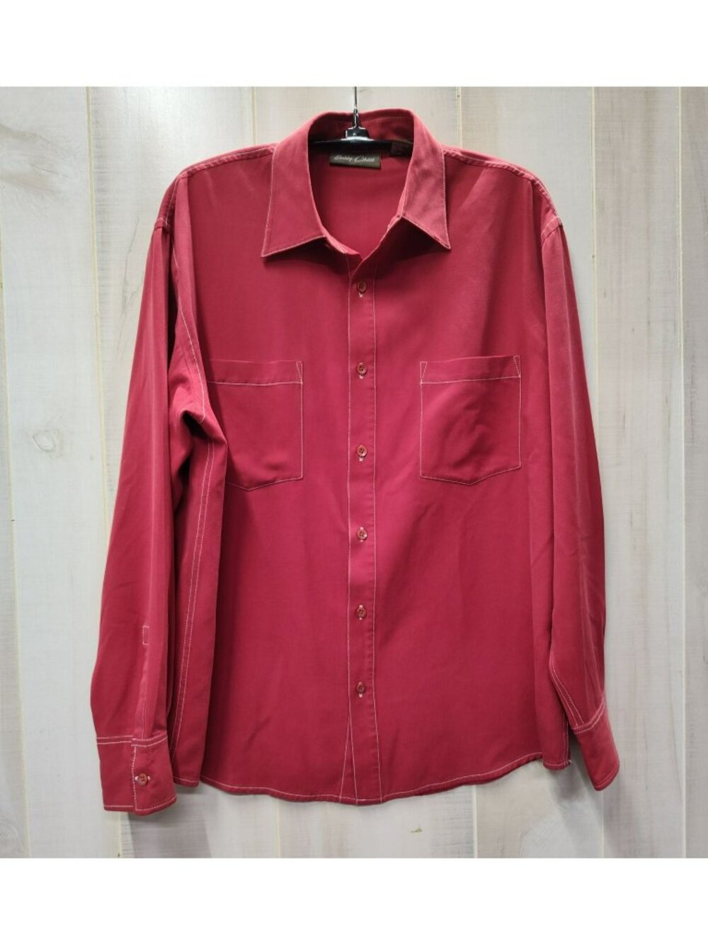 Vintage Bobby Chan Silk Button Up Shirt, Red w Wht Contrast Stitch, L/S, Size M